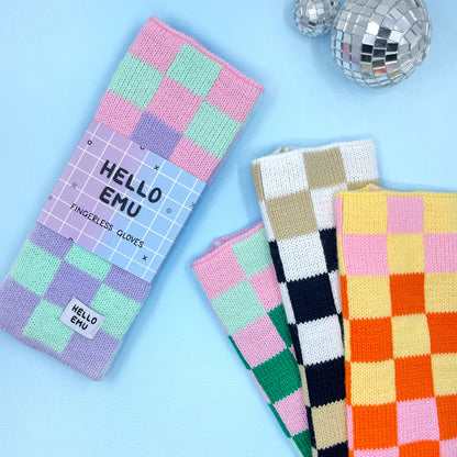 Three Tone Check Fingerless Gloves